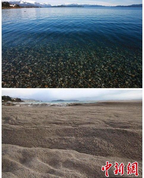 位于阿根廷和智利边境地区的纳韦尔瓦皮湖（Lake Nahuel Huapi）在普耶韦火山喷发前后对比图，分别拍摄于2009年8月17日、2011年6月8日。纳韦尔瓦皮湖原是当地著名的旅游胜地，但伴随着智利普耶韦火山的喷发，湖面被厚厚的火山灰覆盖，俨然成为一个火山灰的泥潭。