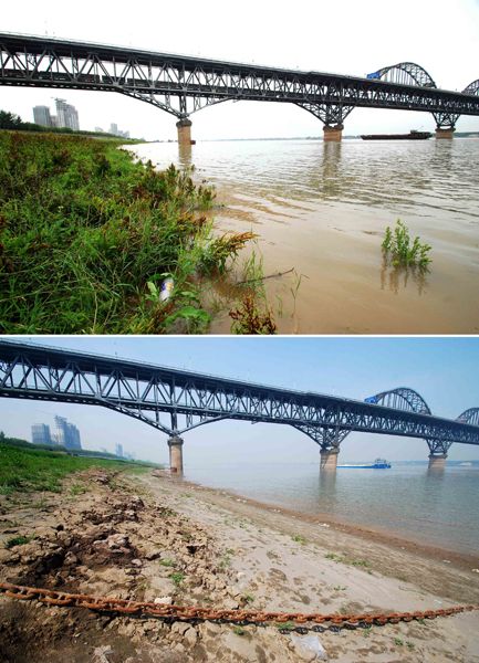 上图为6月13日拍摄的进入丰水期的长江九江段，下图为4月25日拍摄的水位持续下降的长江九江段。