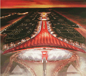 北京-首都机场T3航站楼——为迎接北京2008奥运会即使开业的3号航站楼，面积庞大（长度高大2英里，是世界最大的建筑之一），象征的是一条龙。建筑师福斯特事务所(Foster + Partners)设计的天花板有红色与黄色区带，令人眼花缭乱。如此传统的配色方案不仅是建筑的特色，还成了乘客们在航站楼内的方向指南。